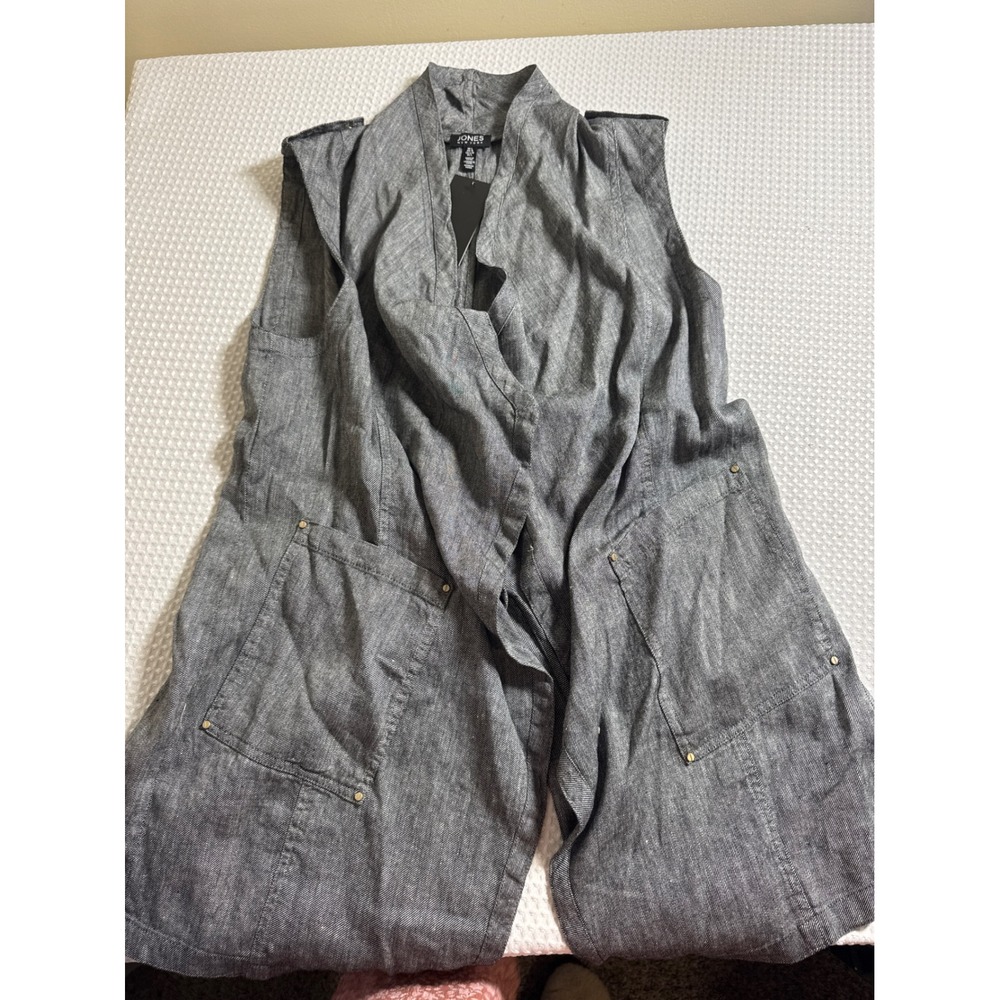 Jones New York Vest Womens L Linen Blend Draped Open Front Grey NWT